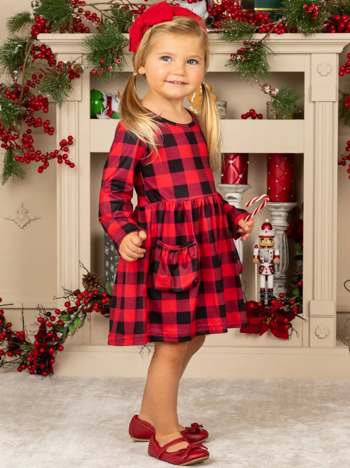 Cute Winter Dresses | Girls Long Sleeve Plaid Pocket A-Line Dress