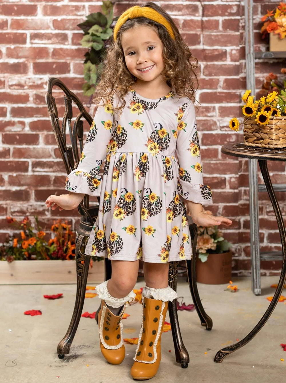 Fall Outfit | Leopard Print Pumpkin Pleated Dress | Cute Girls Clothes