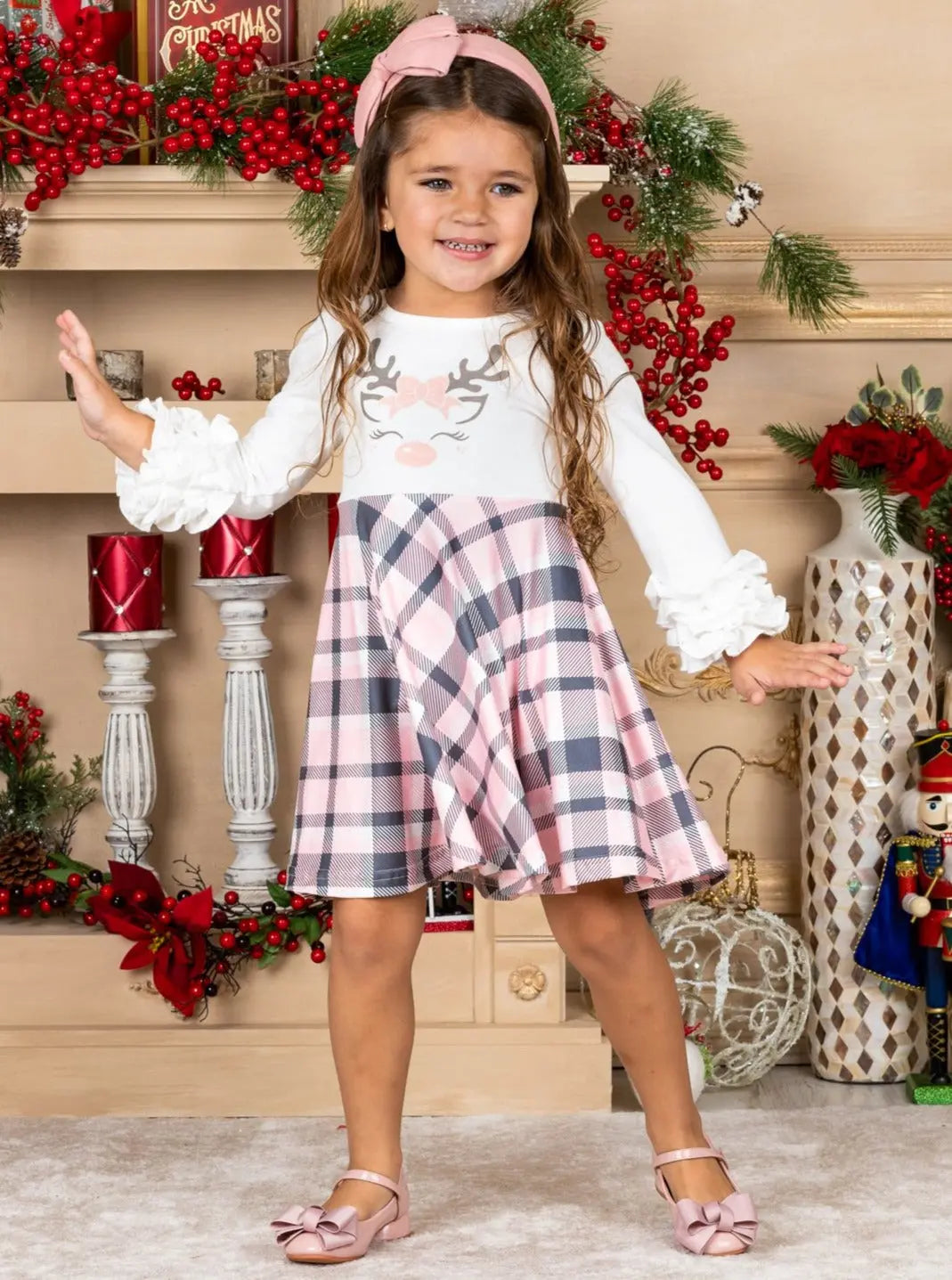 Girls Rudolph Ruffled Sleeve Plaid Dress