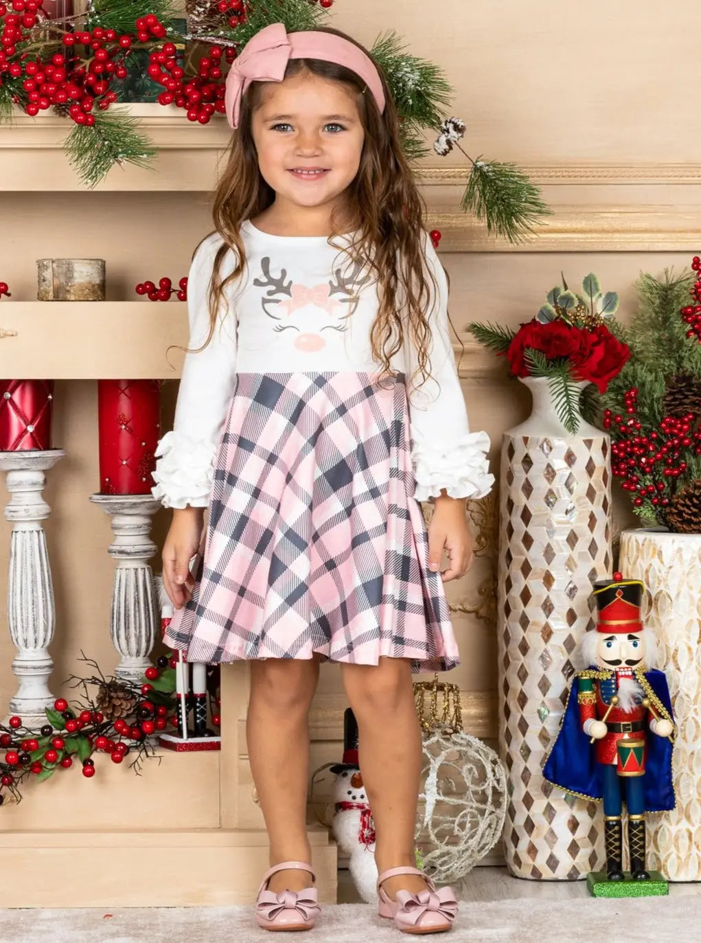 Girls Rudolph Ruffled Sleeve Plaid Dress