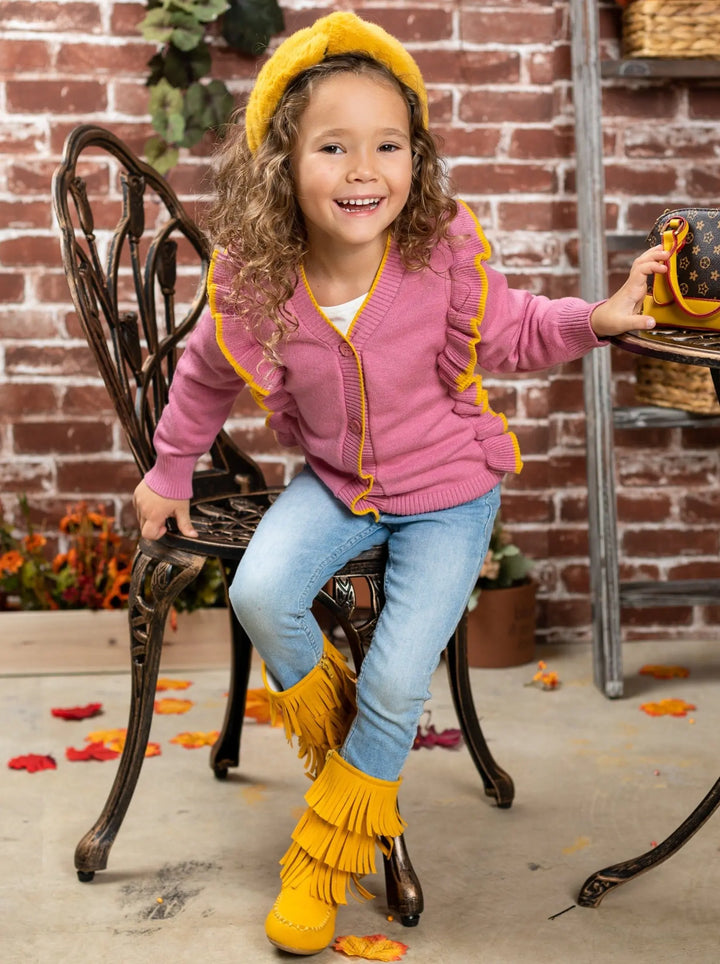 Girls Sweaters | Pink Ruffled Buttoned Knit Cardigan | Mia Belle Girls