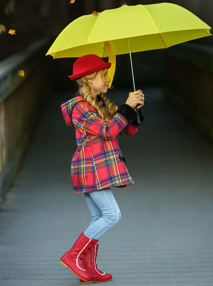 Toddlers Fall Coats | Girls Plaid Hoodie Coat with Faux Fur Cuffs 