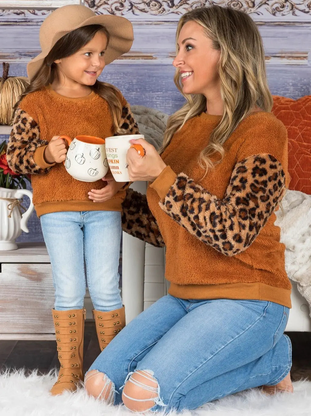 Mommy and Me Matching Sweaters | Fleece Leopard Print Raglan Sweaters