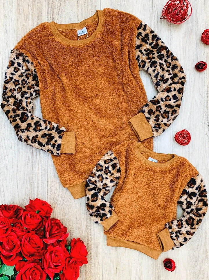 Mommy and Me Matching Sweaters | Fleece Leopard Print Raglan Sweaters