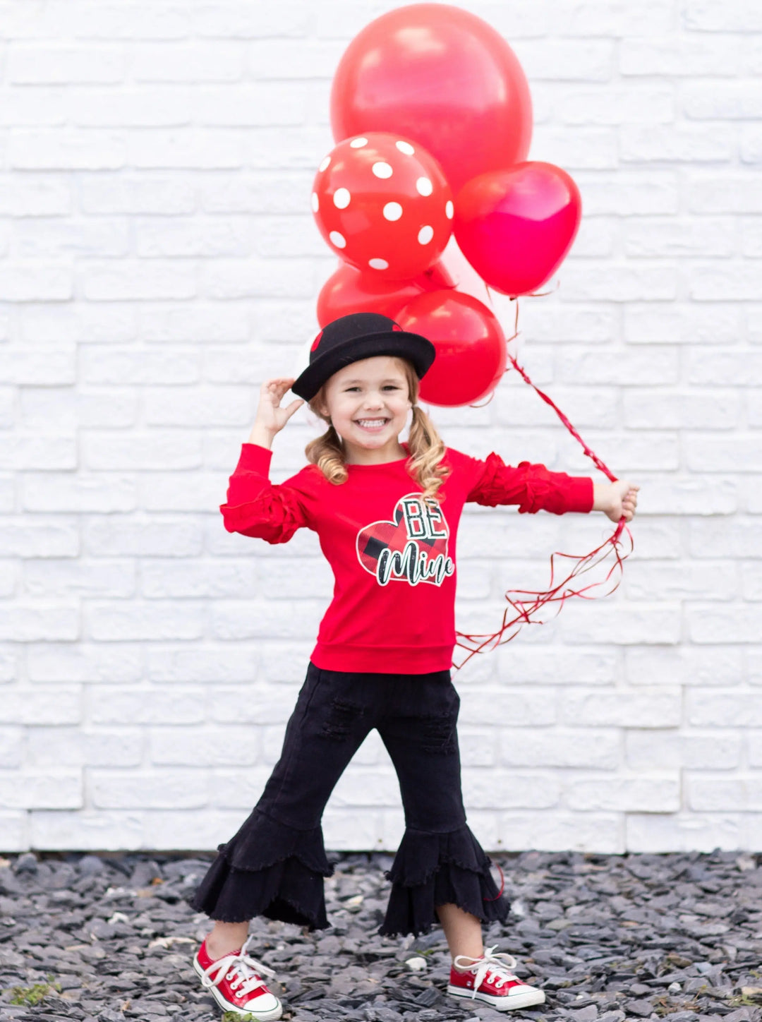 Girls Valentine's Outfits | Be Mine Ruffle Top & Bell Bottom Jeans Set