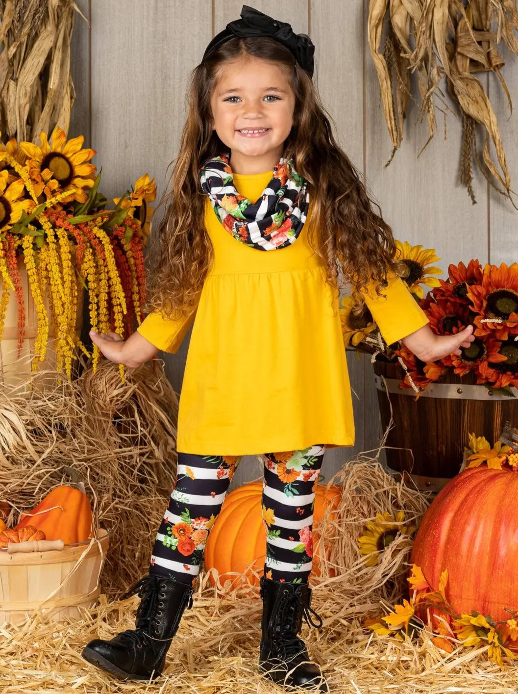 Cute Girls Fall Outfits | Floral Striped Tunic, Leggings & Scarf Set