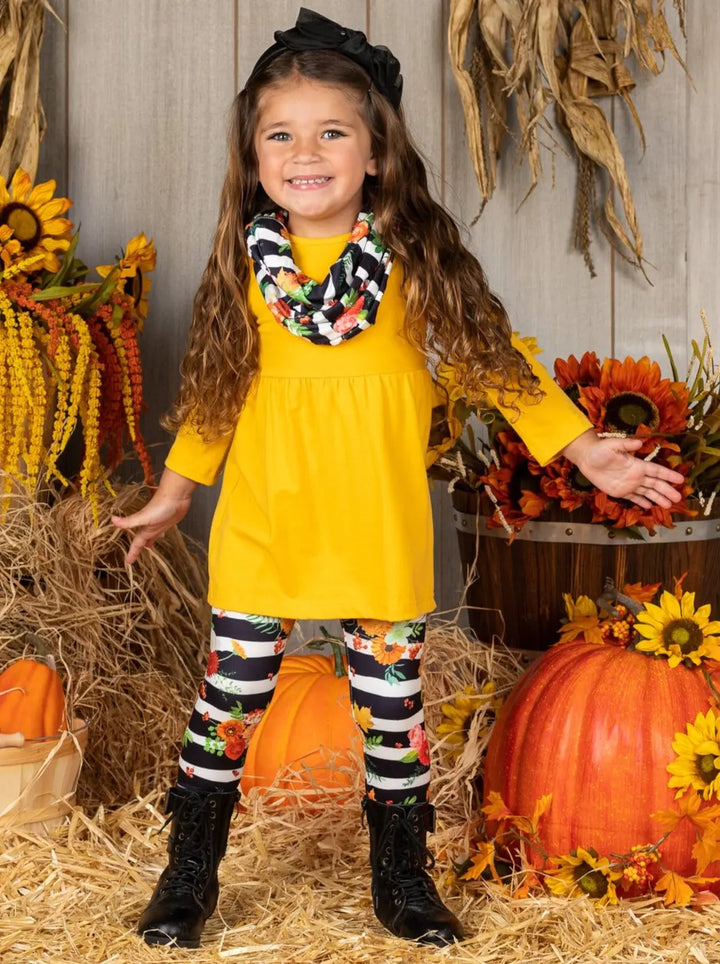 Cute Girls Fall Outfits | Floral Striped Tunic, Leggings & Scarf Set