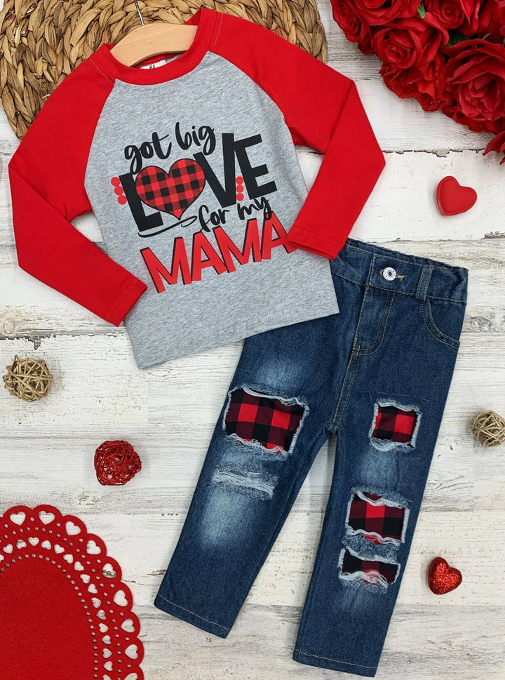 Toddler Valentine's Clothes | Raglan Top & Plaid Patched Jeans Set 