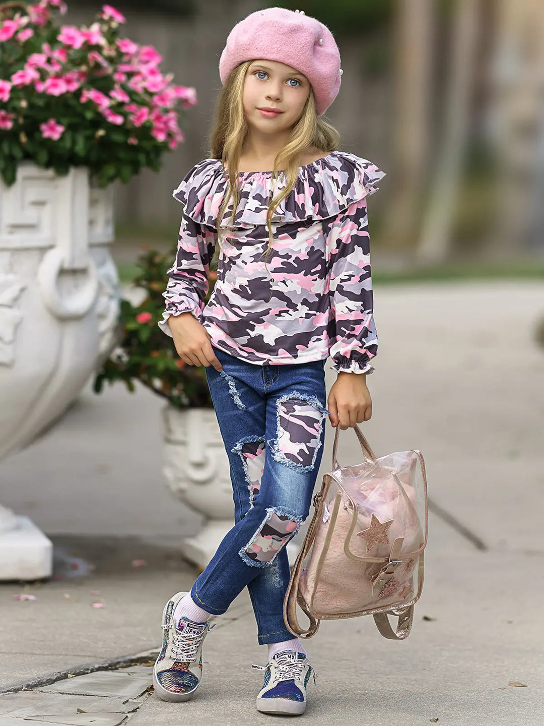 Fall Outfits | Camo Ruffle Bib Top & Patched Jeans Set | Boutique Set