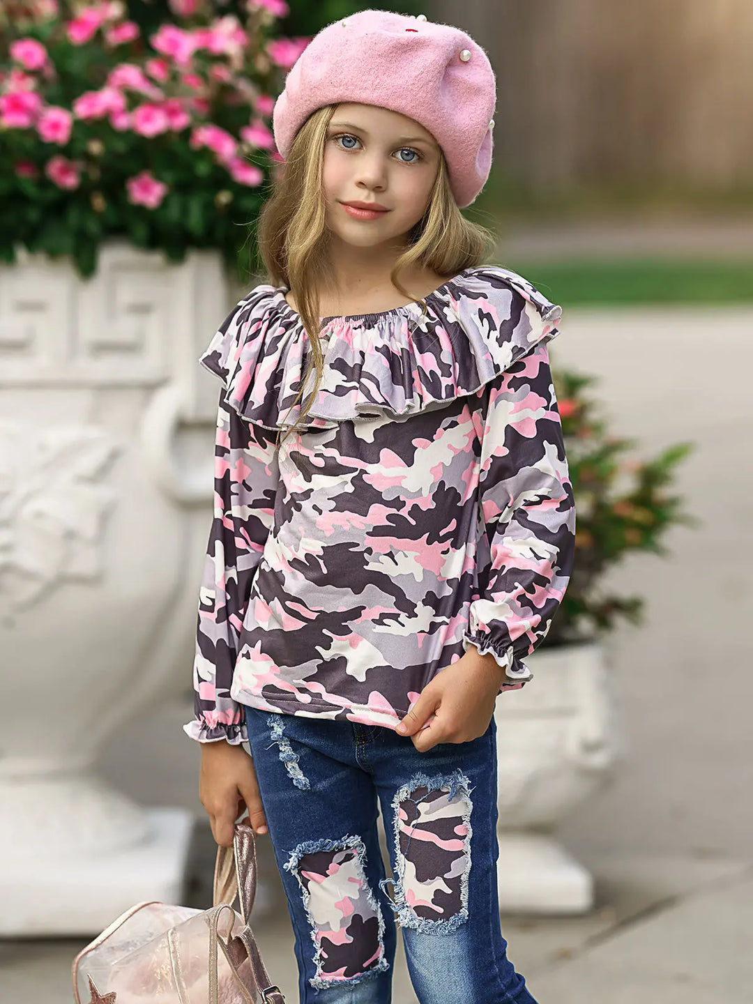 Fall Outfits | Camo Ruffle Bib Top & Patched Jeans Set | Boutique Set