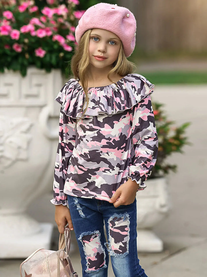 Fall Outfits | Camo Ruffle Bib Top & Patched Jeans Set | Boutique Set