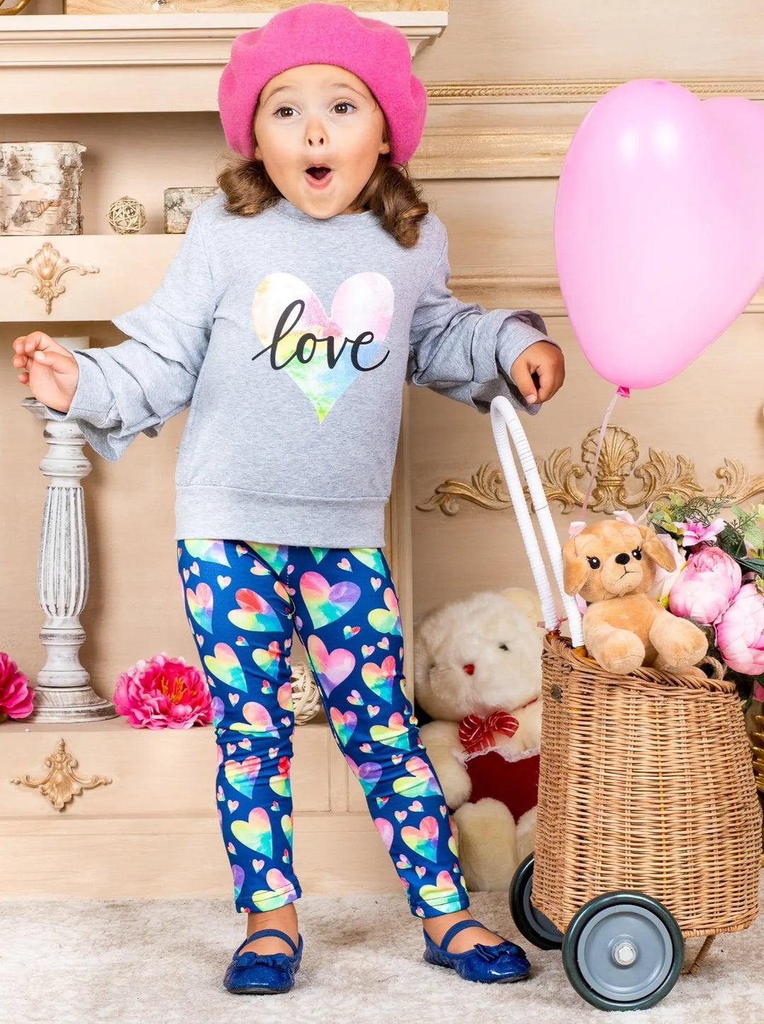 Girls Valentine's Clothes | Rainbow Love Ruffle Top & Legging Set