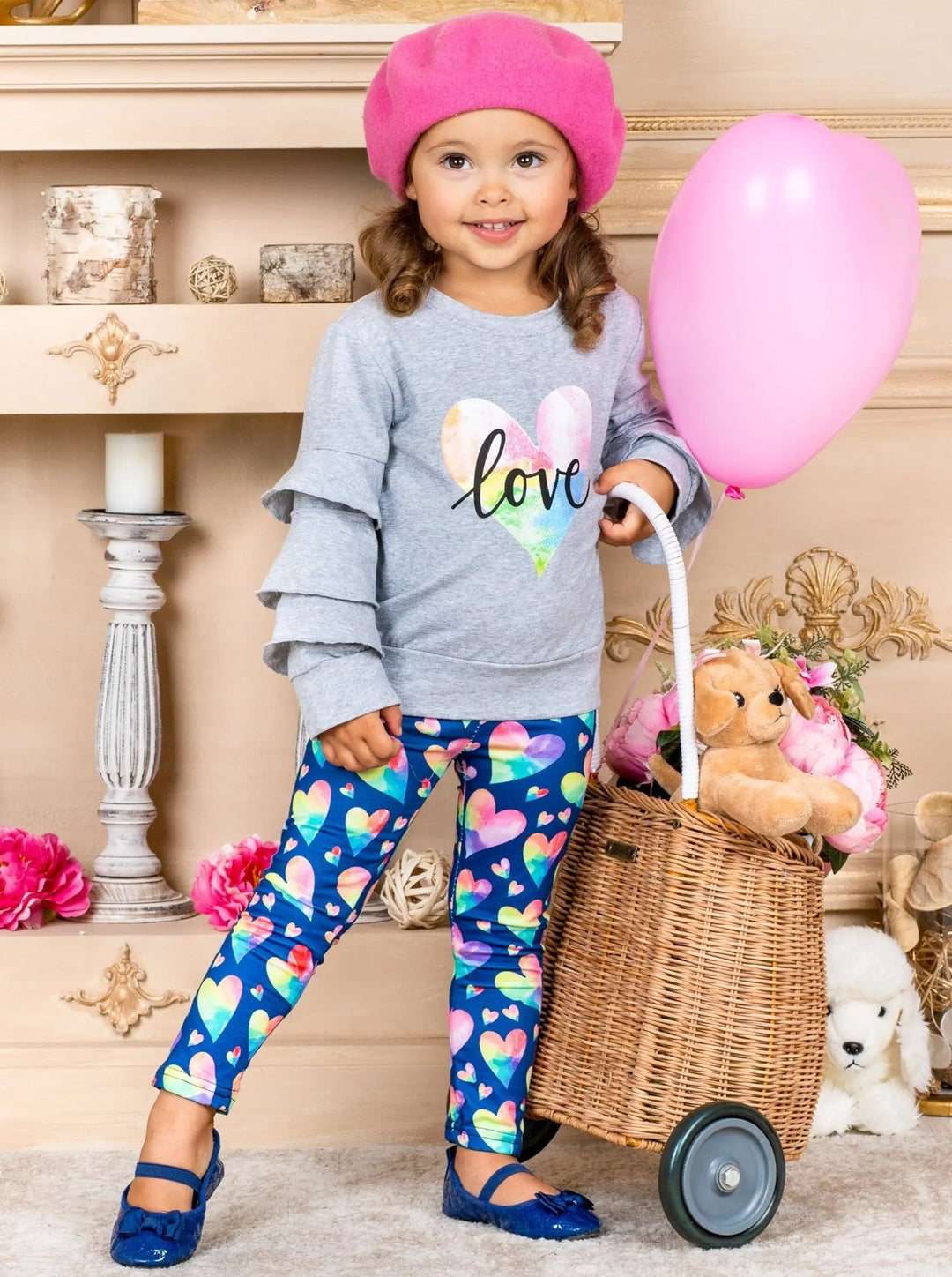 Girls Valentine's Clothes | Rainbow Love Ruffle Top & Legging Set