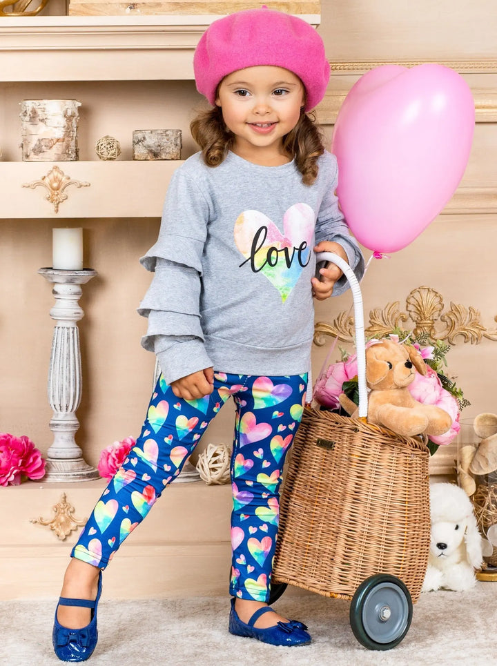 Girls Valentine's Clothes | Rainbow Love Ruffle Top & Legging Set