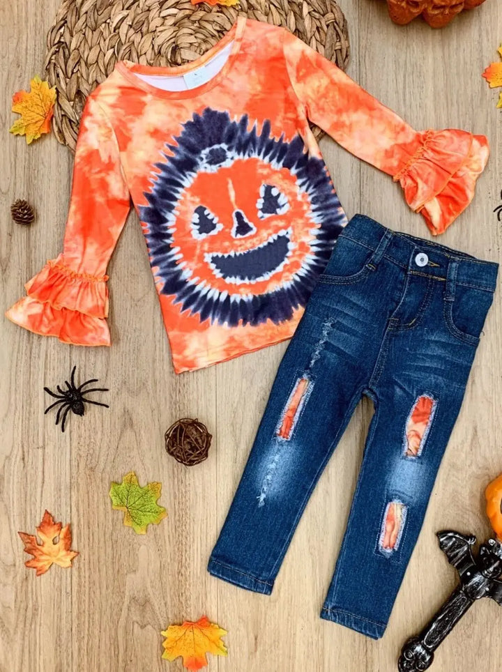 Pumpkin Pigment Ruffled Sleeve Top and Patched Jeans Set Mia Belle Girls
