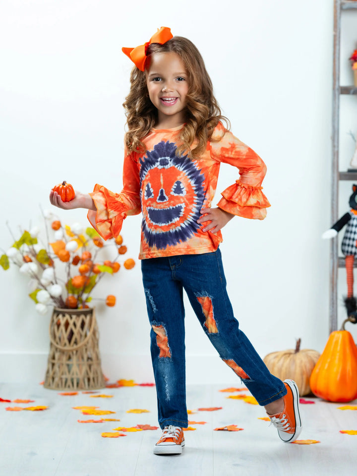 Pumpkin Pigment Ruffled Sleeve Top and Patched Jeans Set Mia Belle Girls