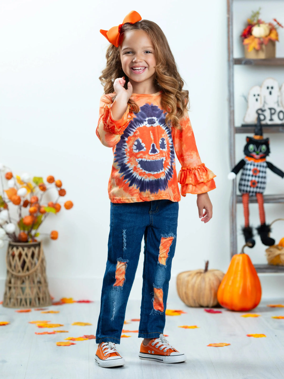 Pumpkin Pigment Ruffled Sleeve Top and Patched Jeans Set Mia Belle Girls