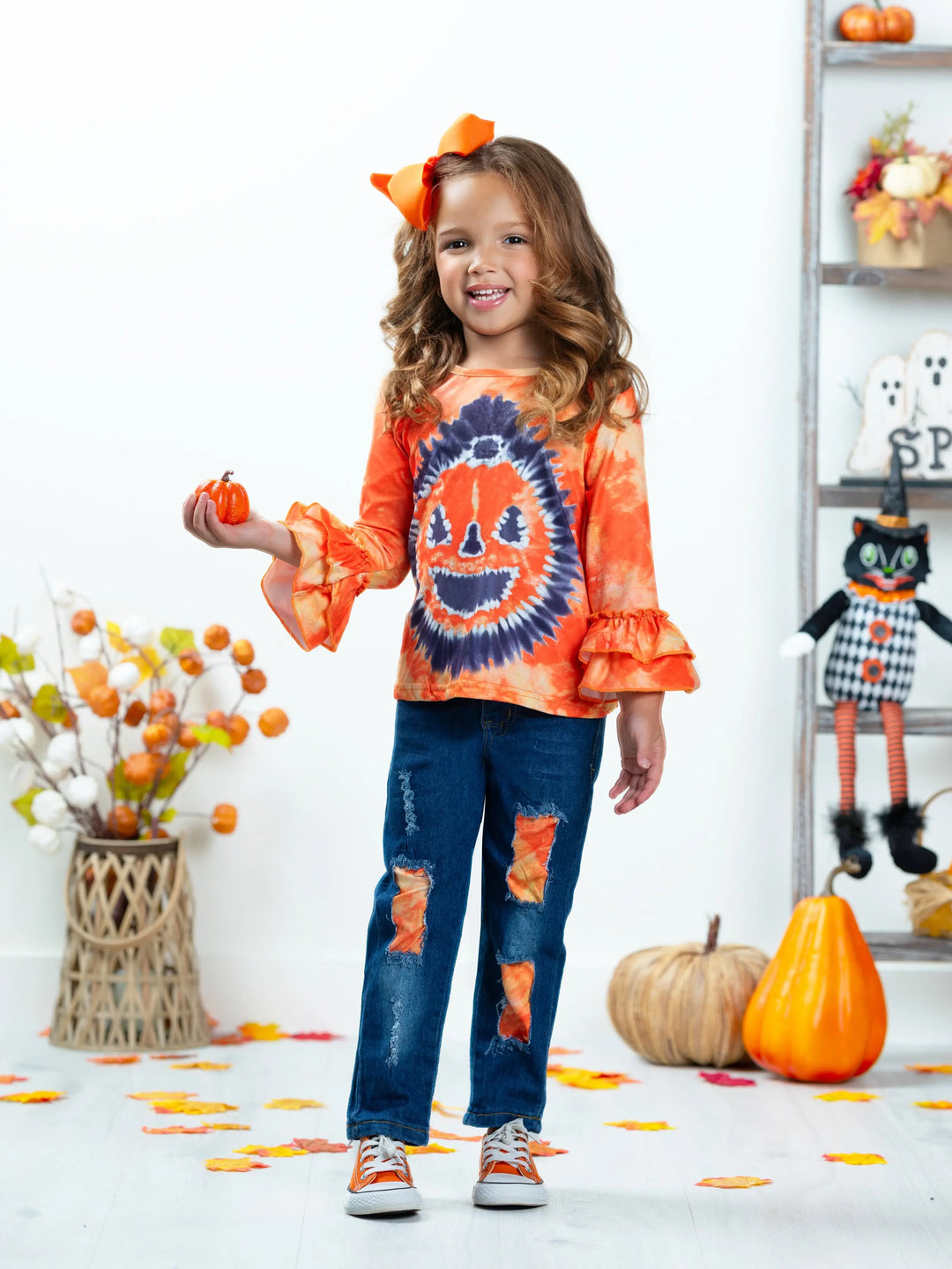 Pumpkin Pigment Ruffled Sleeve Top and Patched Jeans Set Mia Belle Girls