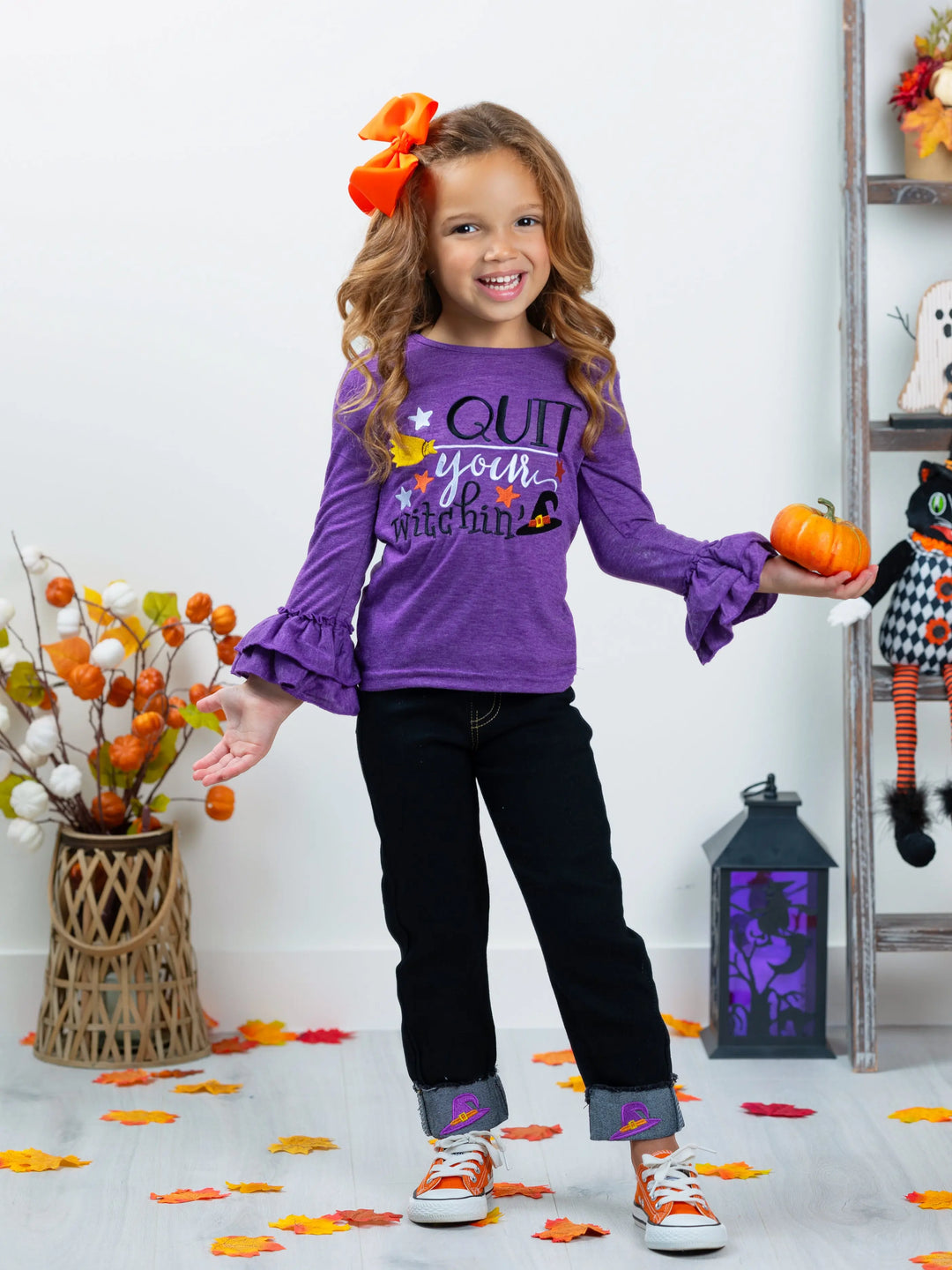 Quit Your Witchin' Top and Cuffed Jeans Set Mia Belle Girls