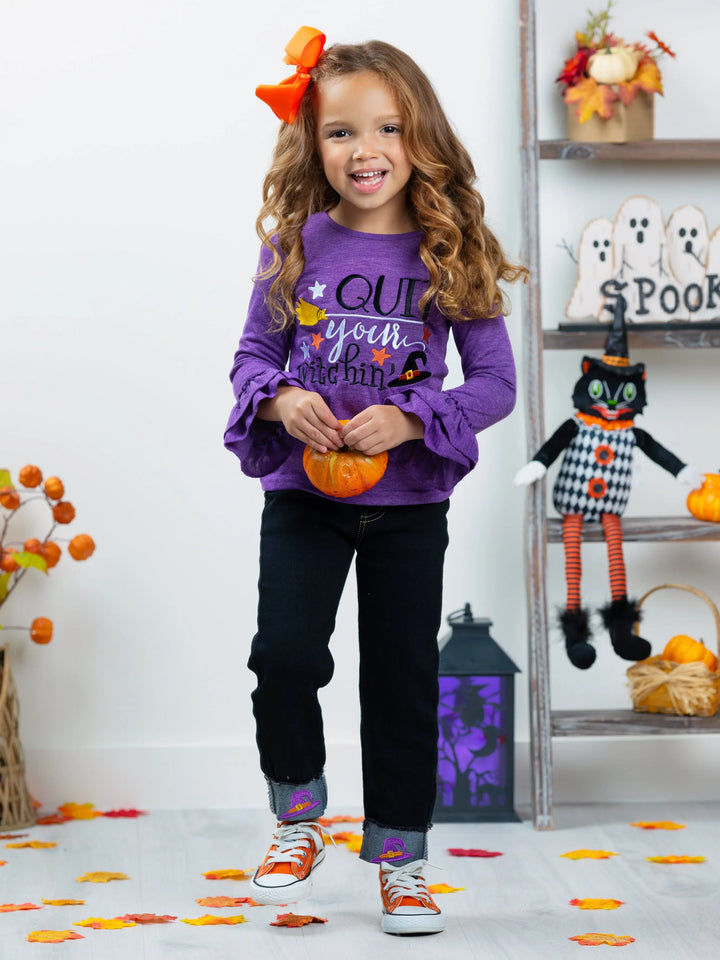 Quit Your Witchin' Top and Cuffed Jeans Set Mia Belle Girls
