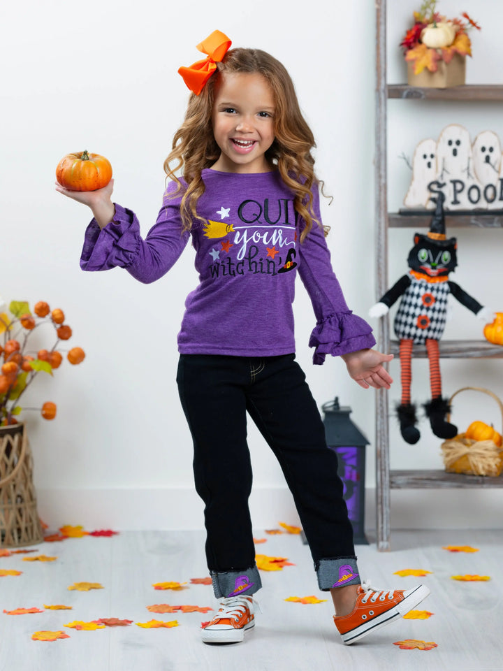 Quit Your Witchin' Top and Cuffed Jeans Set Mia Belle Girls