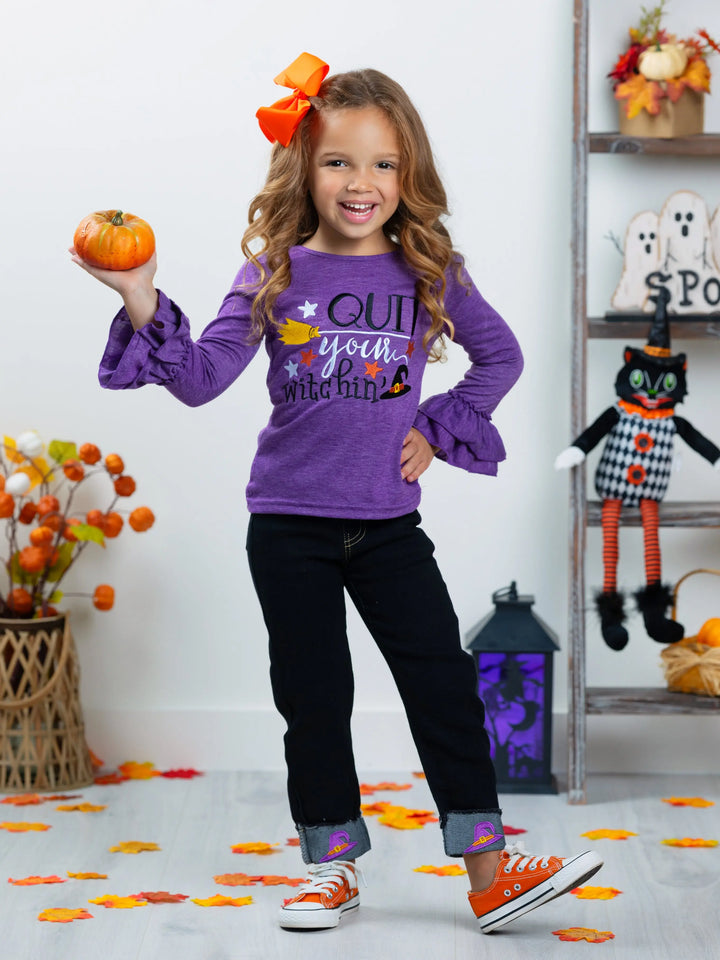 Quit Your Witchin' Top and Cuffed Jeans Set Mia Belle Girls