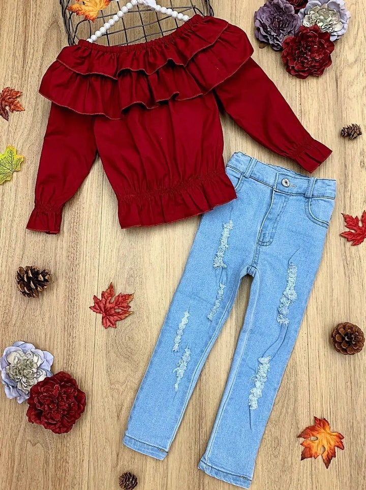 Cute Outfits For Girls | Ruffled Bib Top and Distressed Jeans Set