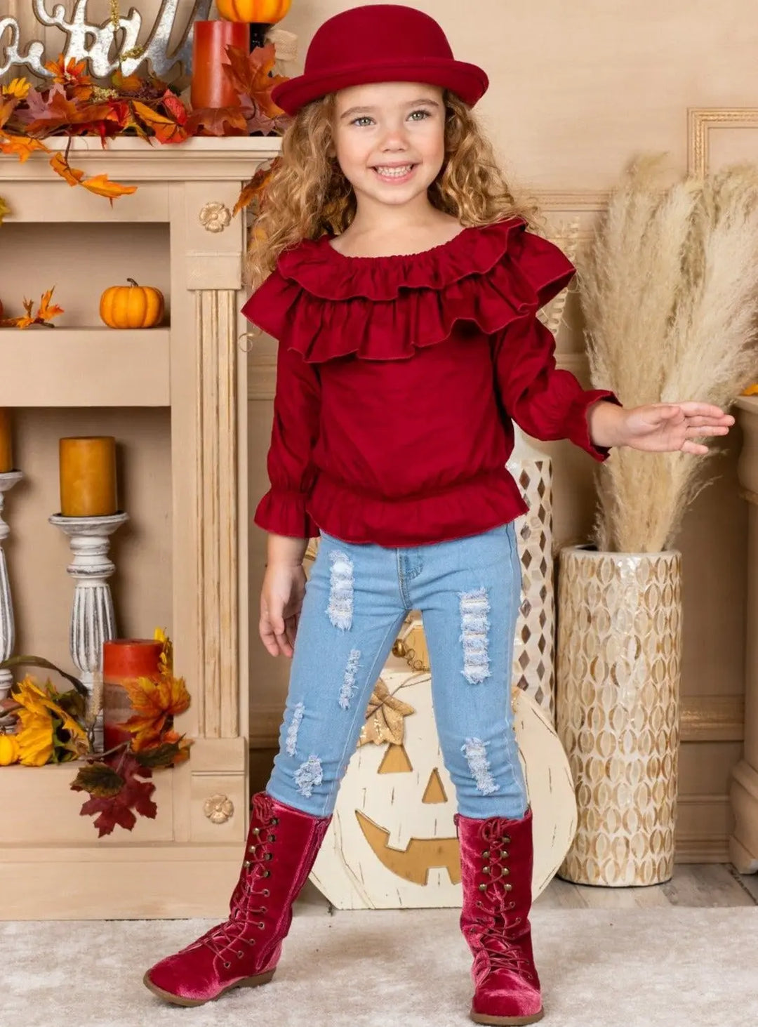 Cute Outfits For Girls | Ruffled Bib Top and Distressed Jeans Set