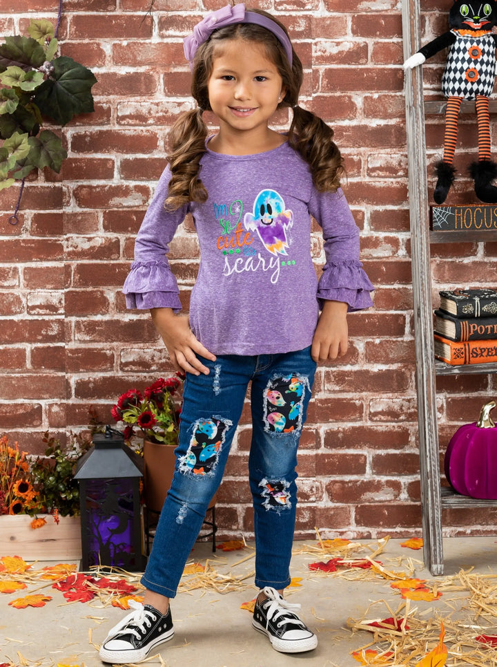 Girls Halloween Ghost Ruffle Top & Patched Jeans Set - Mia Belle Girls