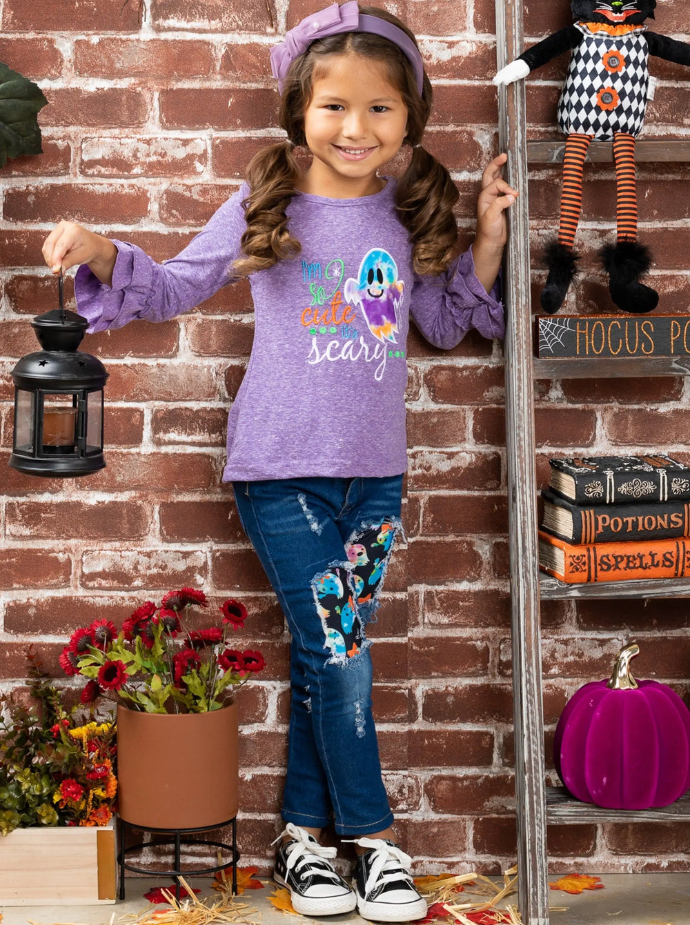 Girls Halloween Ghost Ruffle Top & Patched Jeans Set - Mia Belle Girls