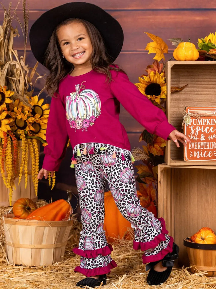 Girls Pumpkin Tassel Pullover and Leopard Ruffled Leggings Set