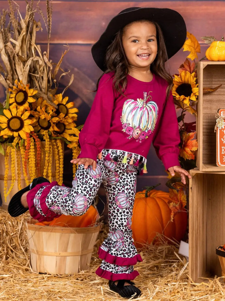 Girls Pumpkin Tassel Pullover and Leopard Ruffled Leggings Set