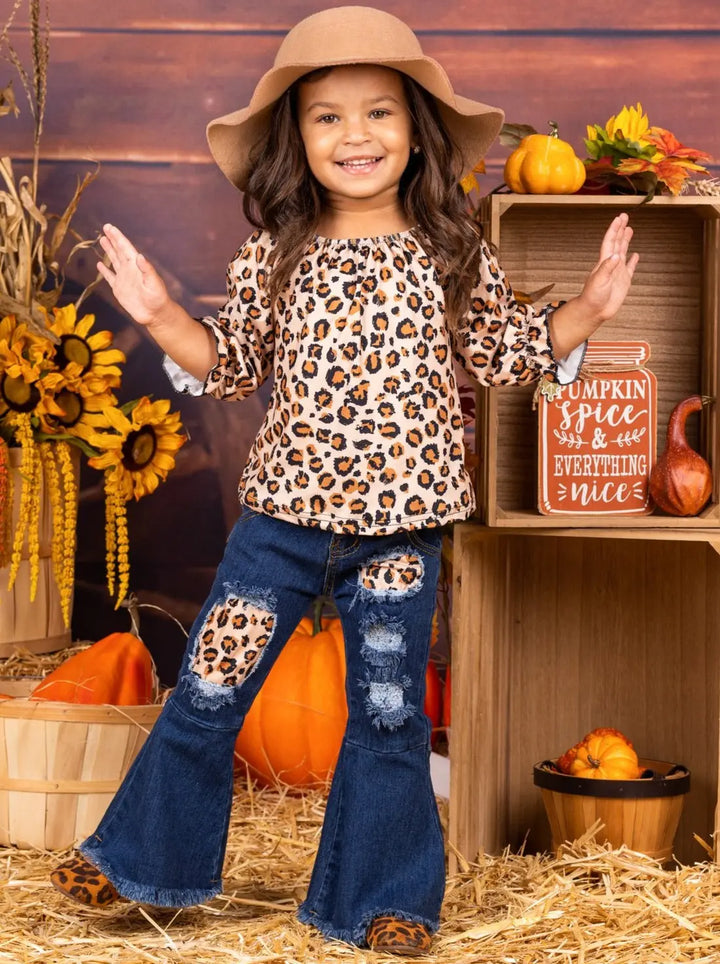 Little girls fall 3/4 sleeve leopard print top and matching patched denim bell-bottom jeans - Mia Belle Girls