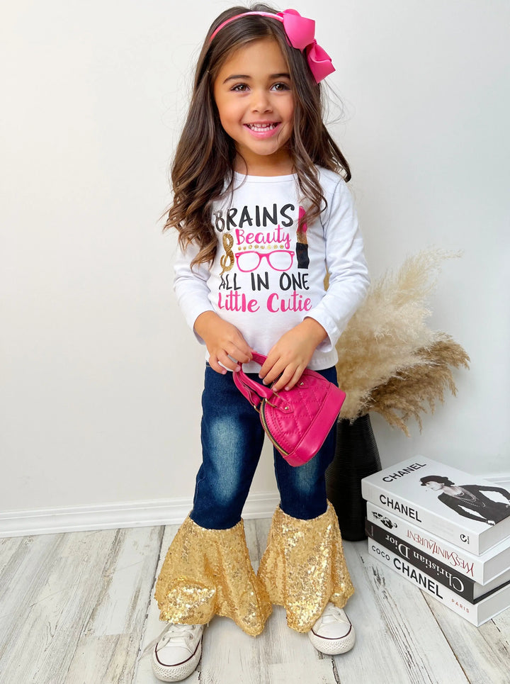 Cute Outfits For Girls | Brains & Beauty Sequin Bell Bottom Jean Set