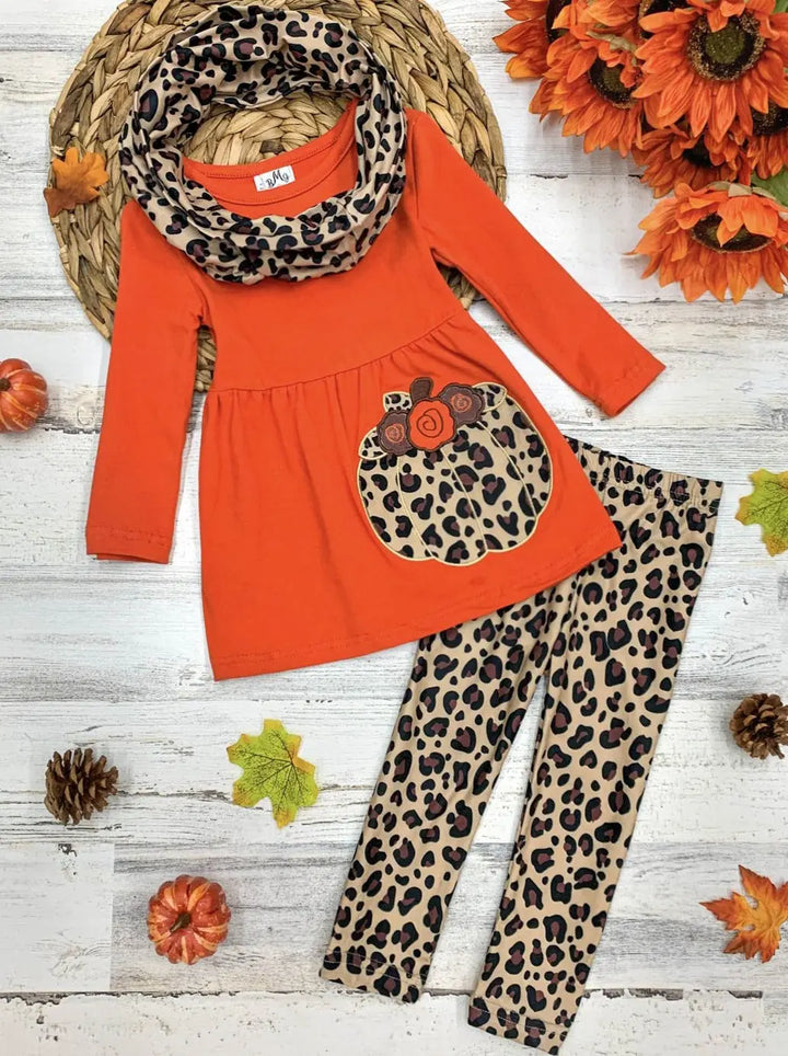 Girls Fall long-sleeve tunic with leopard print pumpkin applique, leopard print leggings, and infinity wrap scarf - Mia Belle Girls
