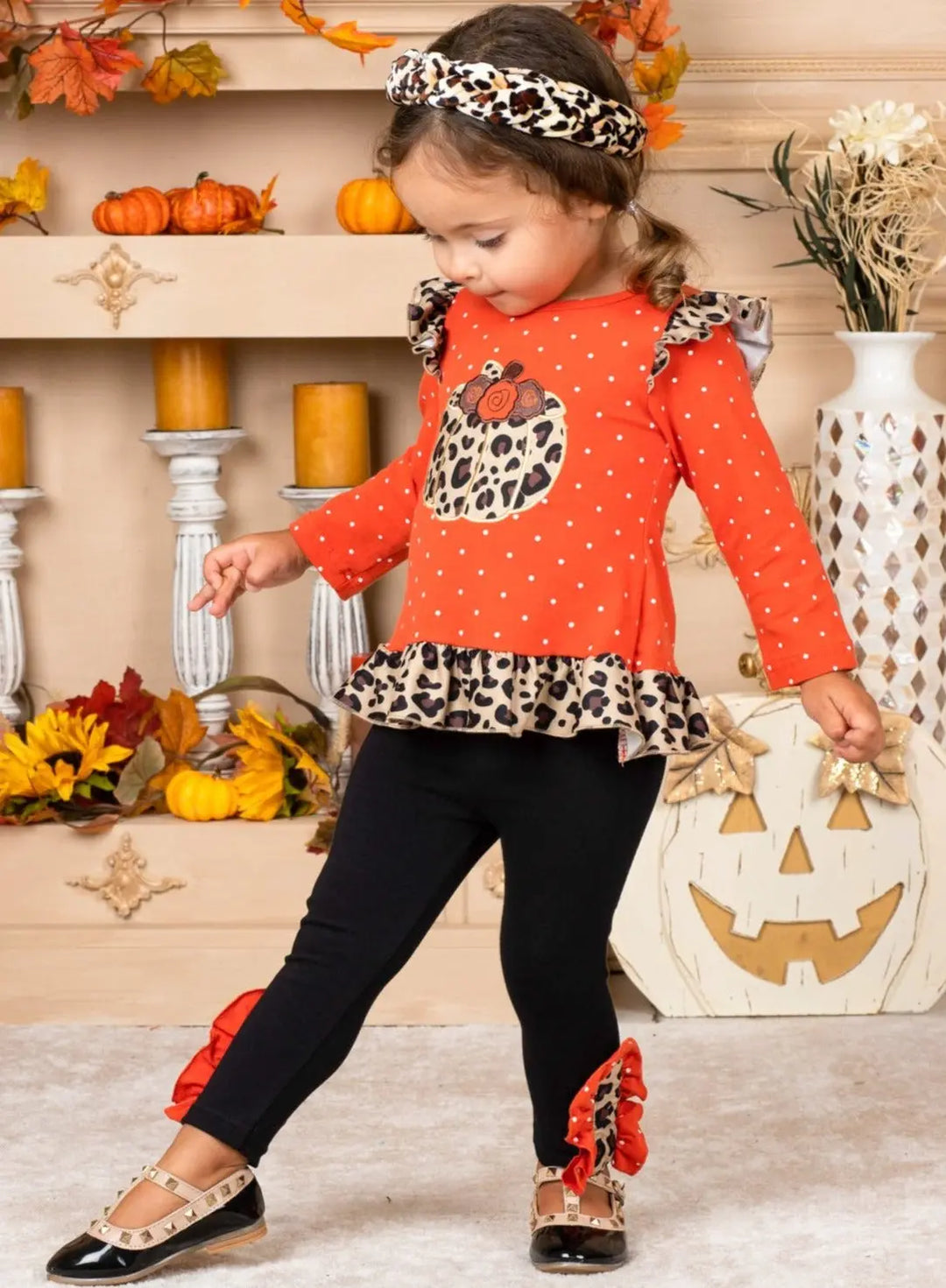 Girls Fall Outfit | Pumpkin Top & Ruffle Legging Set - Mia Belle Girls