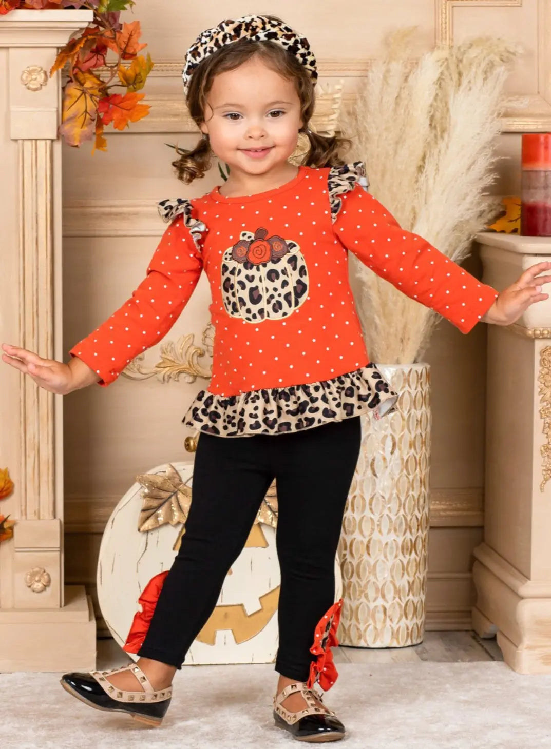 Girls Fall Outfit | Pumpkin Top & Ruffle Legging Set - Mia Belle Girls