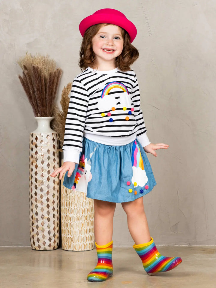 Girls Rainbow Sweatshirt and Rainbow Unicorn Skirt Set