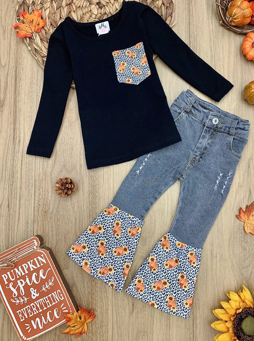 Girls Leopard Sunflower Top & Bell Bottom Jeans Set - Mia Belle Girls