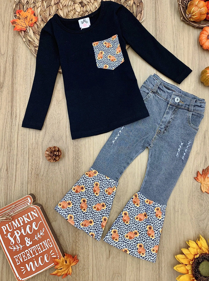 Girls Leopard Sunflower Top & Bell Bottom Jeans Set - Mia Belle Girls