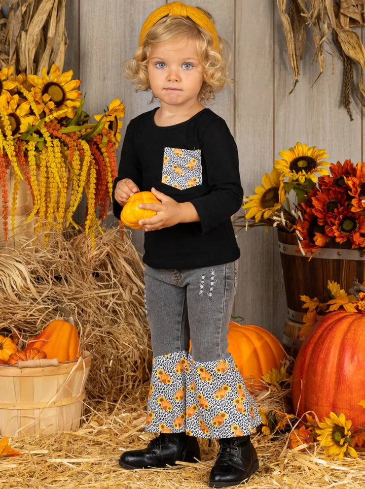 Girls Leopard Sunflower Top & Bell Bottom Jeans Set - Mia Belle Girls