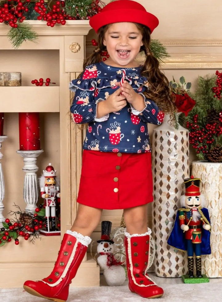 Cute Winter Sets | Girls Cocoa Ruffle Top Faux Button Pocket Skirt Set