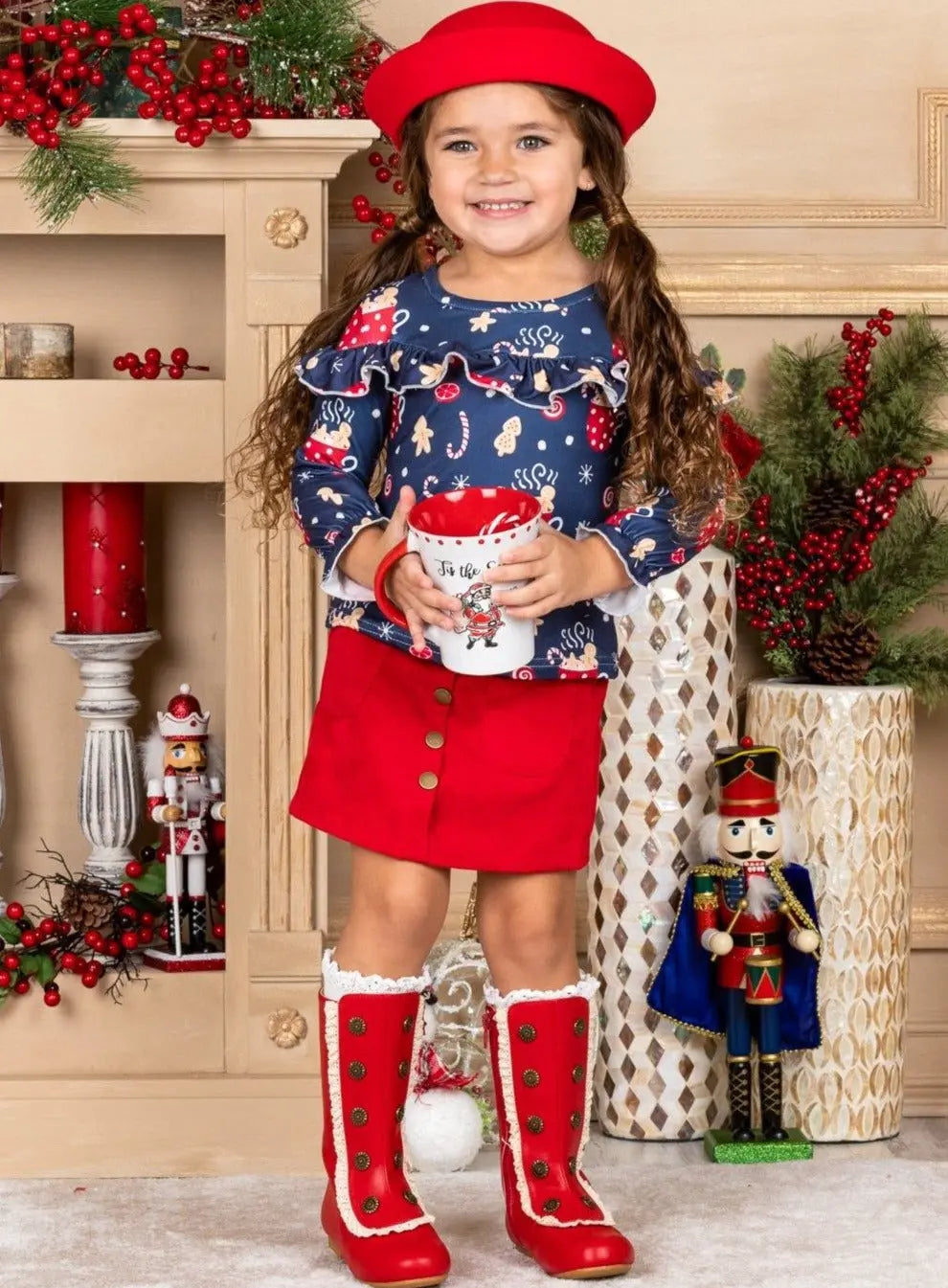 Cute Winter Sets | Girls Cocoa Ruffle Top Faux Button Pocket Skirt Set