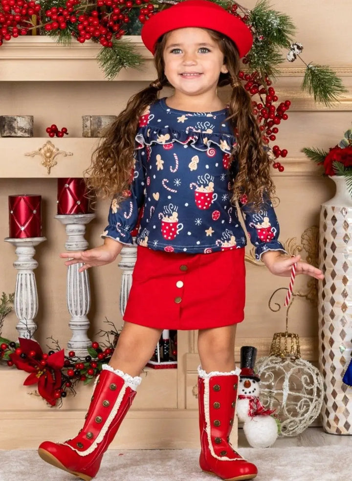 Cute Winter Sets | Girls Cocoa Ruffle Top Faux Button Pocket Skirt Set
