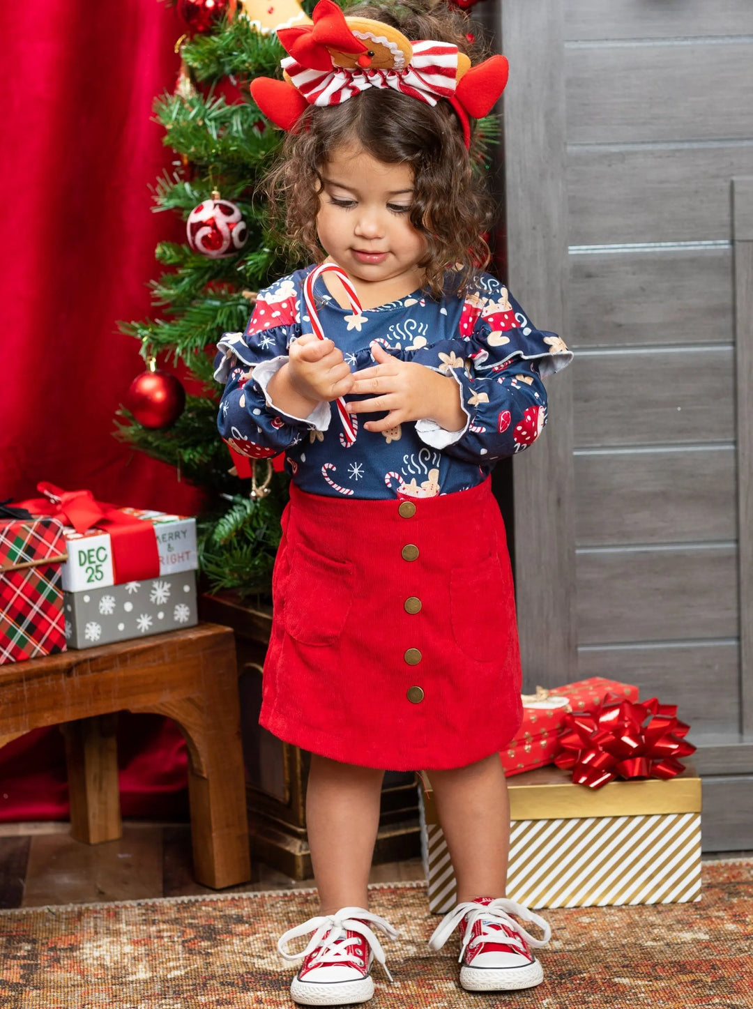 Cute Winter Sets | Girls Cocoa Ruffle Top Faux Button Pocket Skirt Set