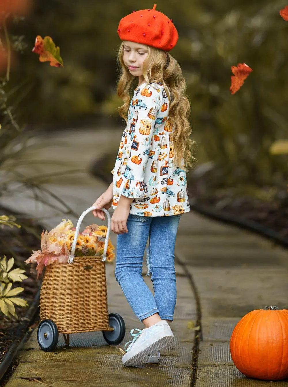 Girls Pumpkin Print Ruffle Tunic & Patched Jeans Set - Mia Belle Girls