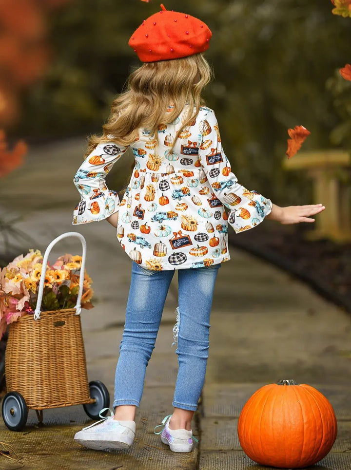 Girls Pumpkin Print Ruffle Tunic & Patched Jeans Set - Mia Belle Girls