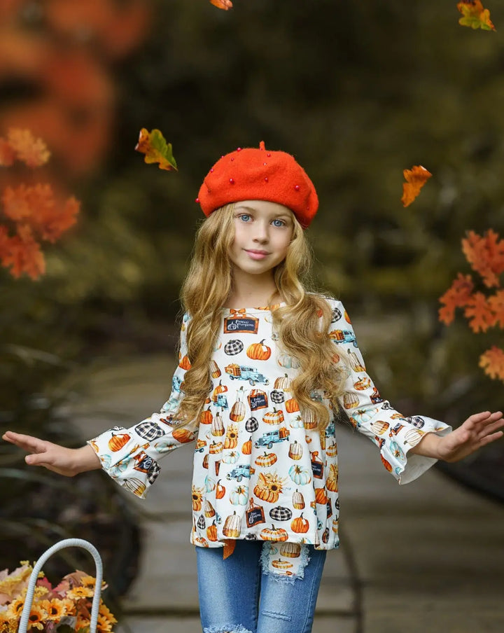 Girls Pumpkin Print Ruffle Tunic & Patched Jeans Set - Mia Belle Girls
