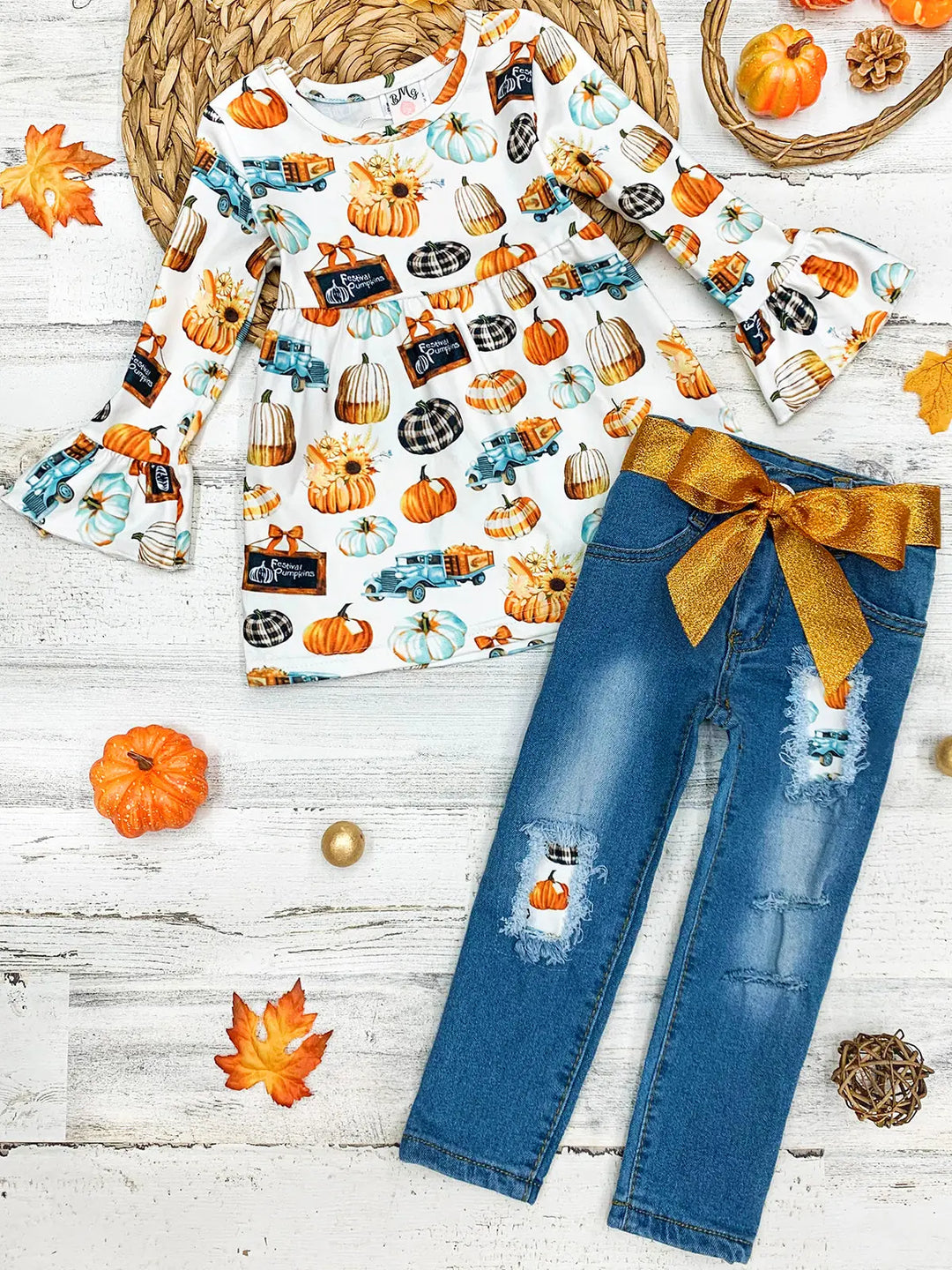 Girls Pumpkin Print Ruffle Tunic & Patched Jeans Set - Mia Belle Girls