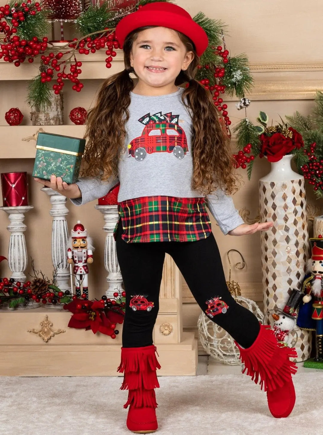 Winter Casual Set | Girls Plaid Truck Top & Patched Leggings Set